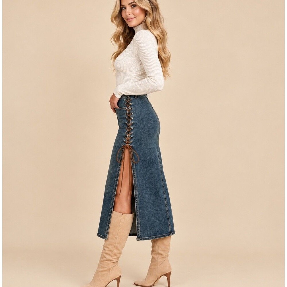 Silence + Noise Urban Outfitters Denim Midi Skirt S/P Double Side Slits Lace Up